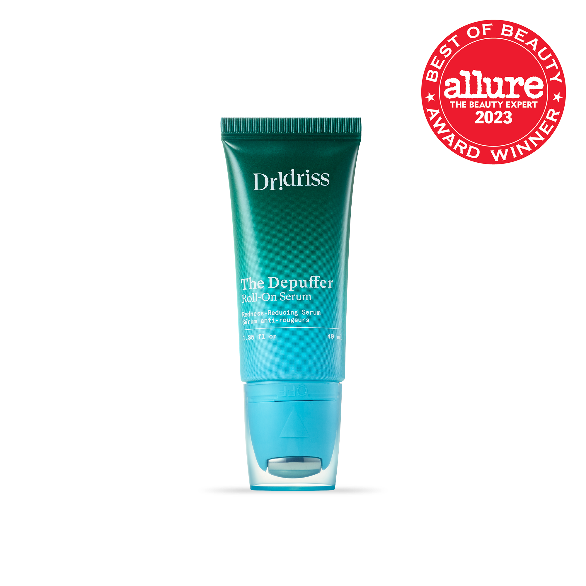 A close-up of Dr. Idriss The Depuffer Roll-On Serum in its teal green tube, with an "Allure Best of Beauty 2023 Award" badge displayed
