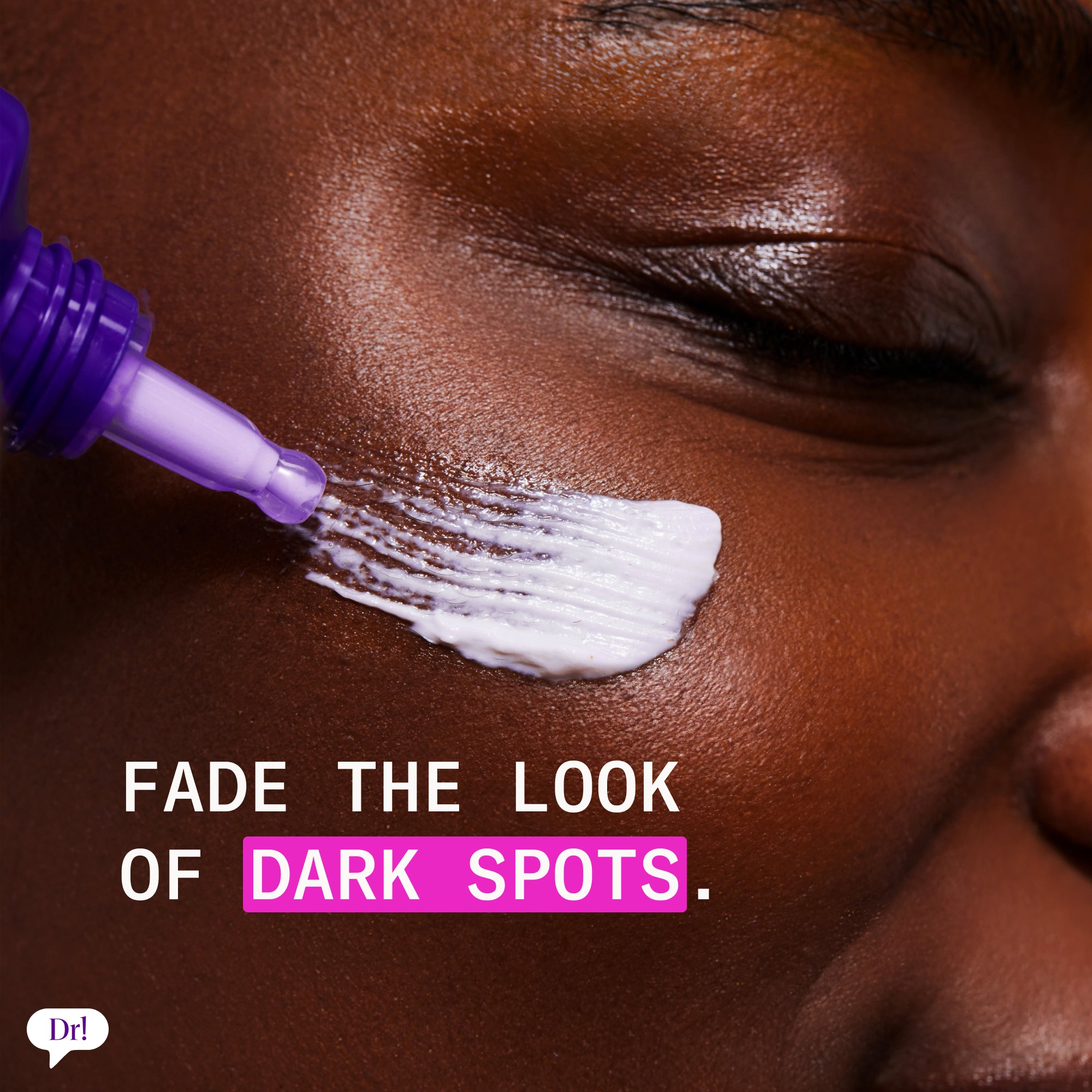 Close-up of model applying Major Fade Disco Block SPF 50 on deep skin tone with text highlighting fading the look of dark spots.
