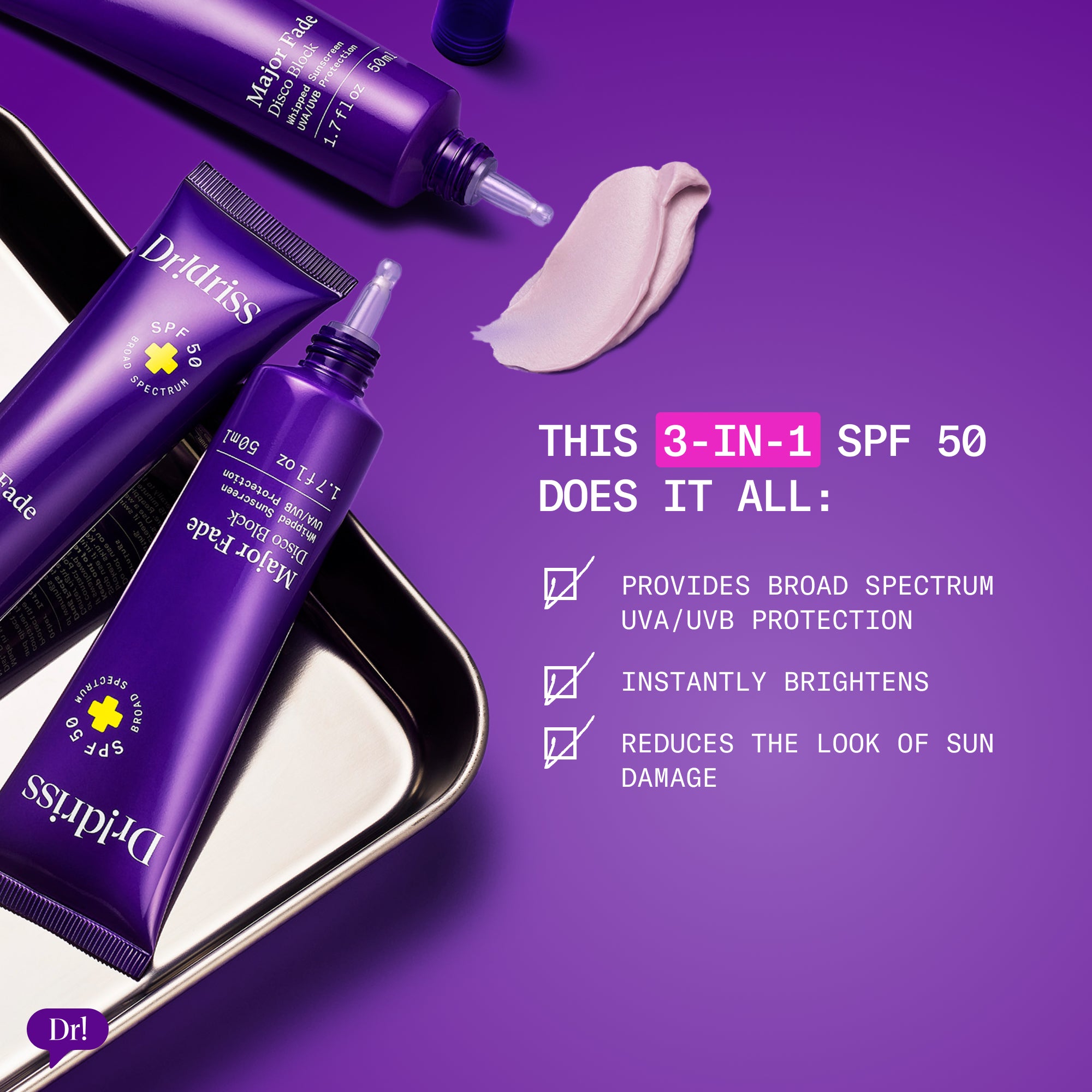 Major Fade Disco Block SPF 50 sunscreen with texture swatch and text describing 3-in-1 SPF 50 benefits including UV protection, brightening, and reducing the look of sun damage.