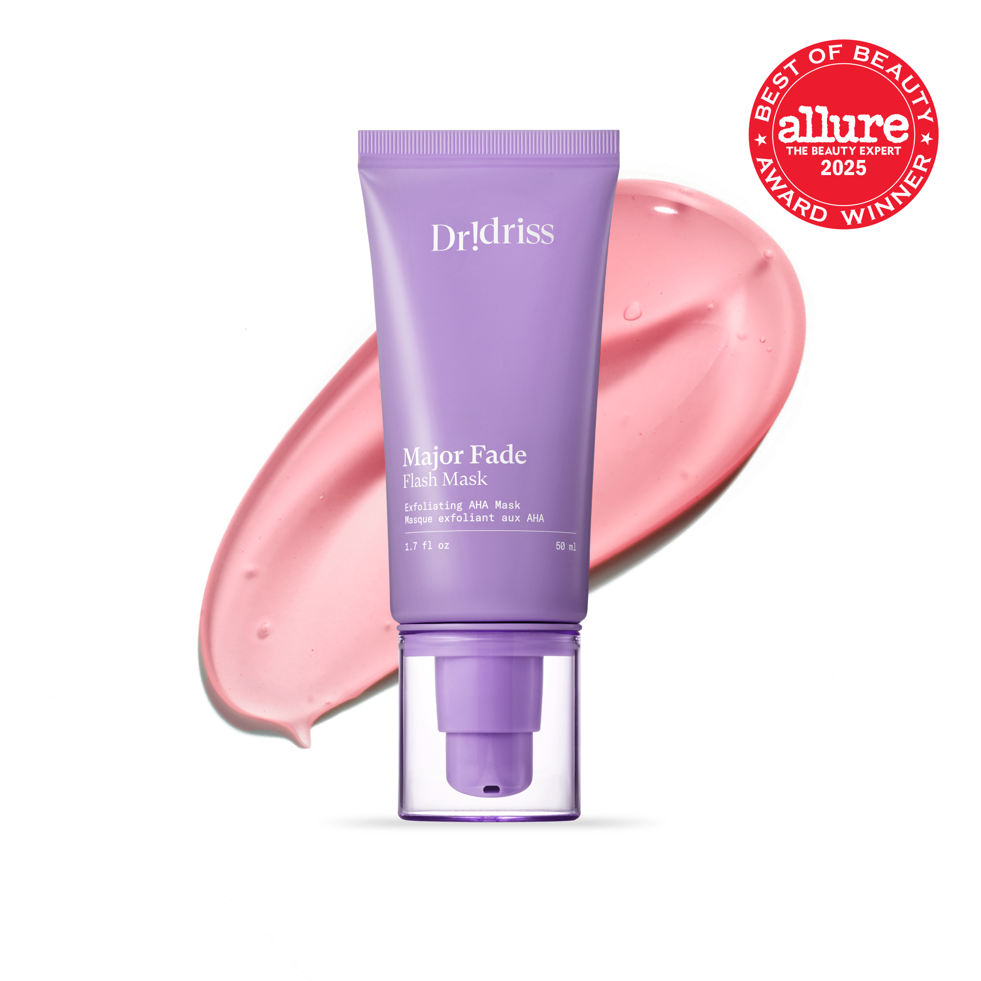 Major Fade Flash Mask exfoliating AHA face mask with pink formula smear and 2025 Allure Best of Beauty Award badge
