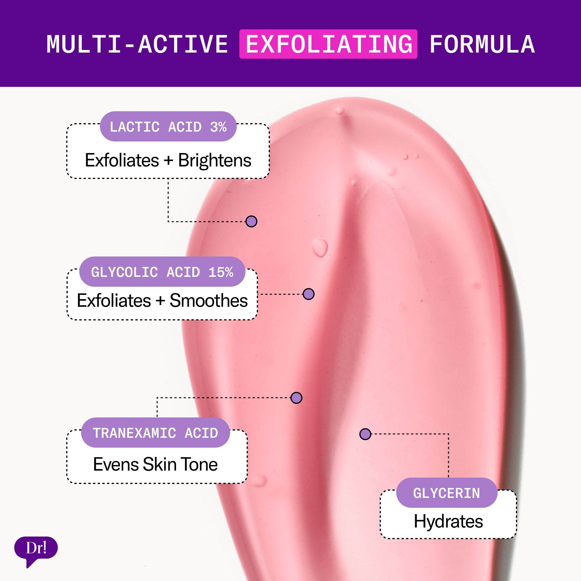 Major Fade Flash Mask multi-acid exfoliating formula featuring glycolic acid, lactic acid, tranexamic acid, and glycerin