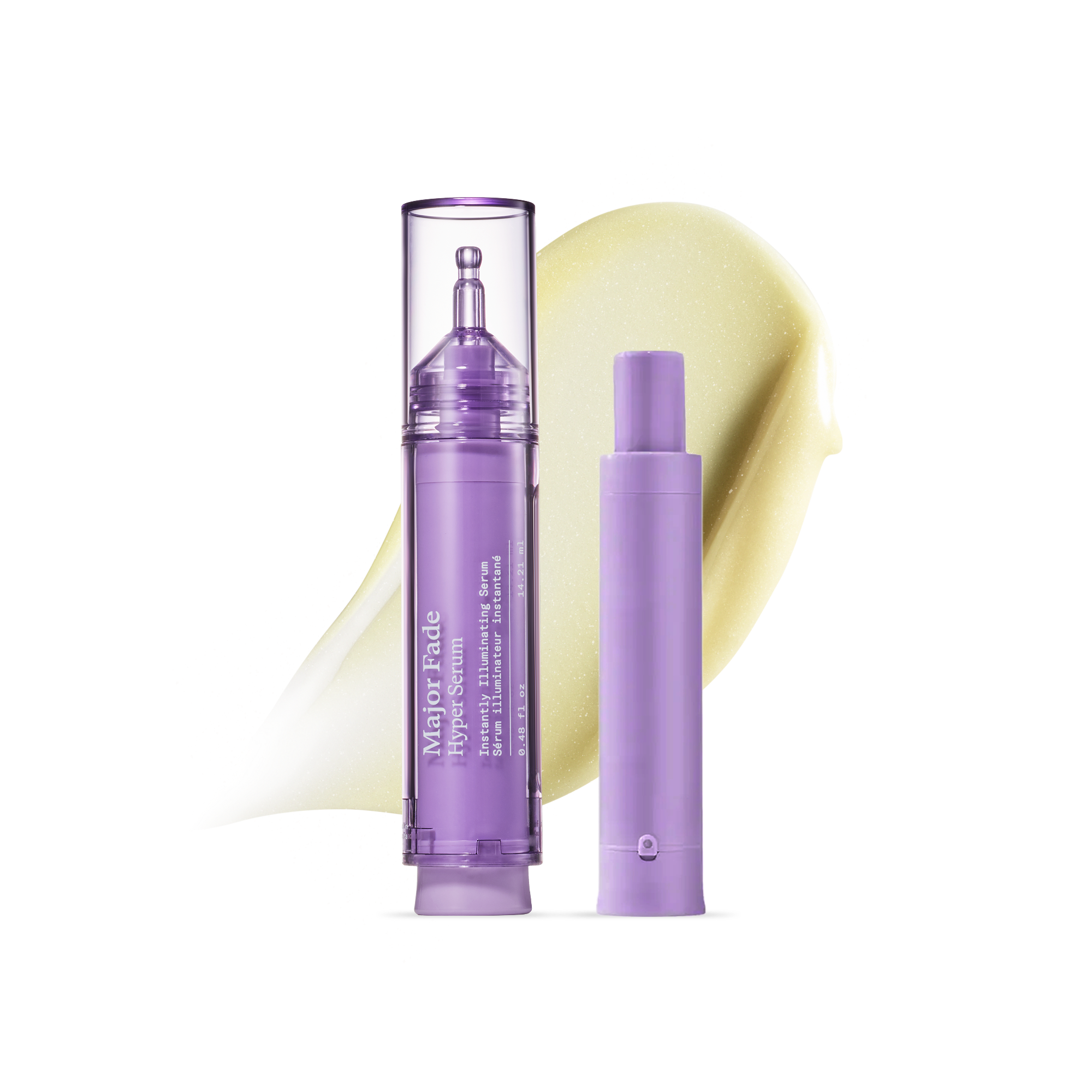 Major Fade Hyper Serum brightening treatment pen with illuminating serum texture smear on black background