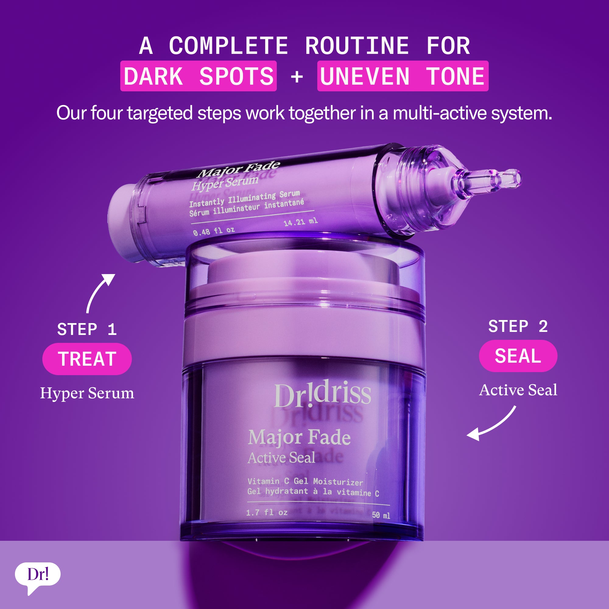 Major Fade Hyper Serum and Active Seal moisturizer routine for dark spots and uneven skin tone