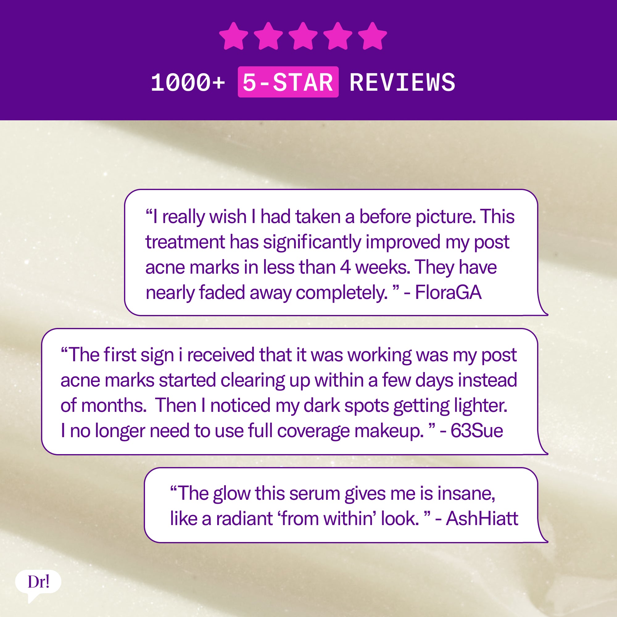 Customer reviews for Major Fade Hyper Serum highlighting improvements in post-acne marks, dark spots, and skin glow