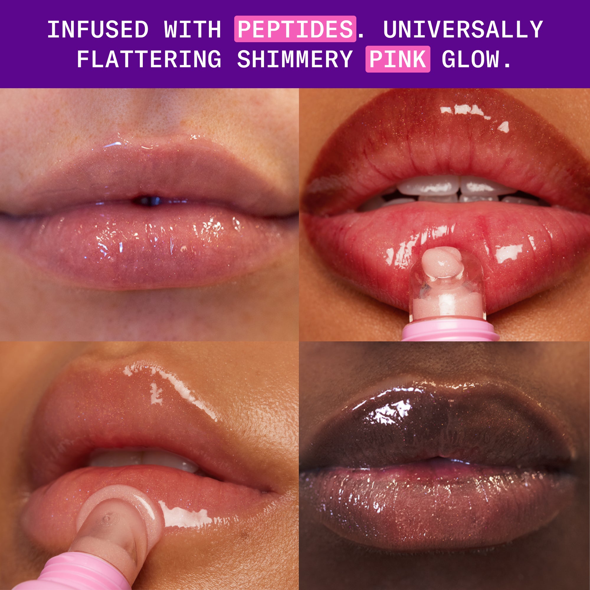 Dessert Barrier Baste Lip Baste in shimmery pink glow shown on different skin tones