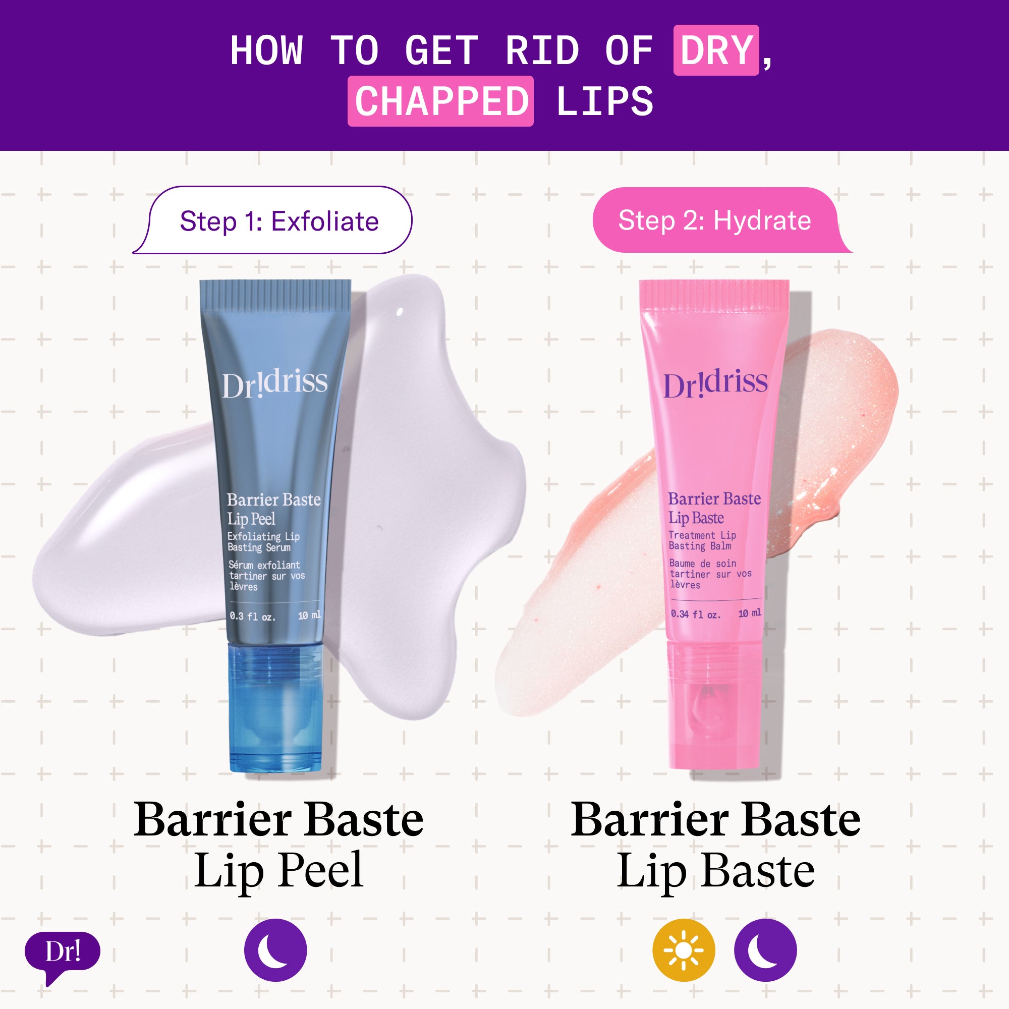 Two-step lip care routine showing Barrier Baste Lip Peel and Dessert Barrier Baste Lip Baste