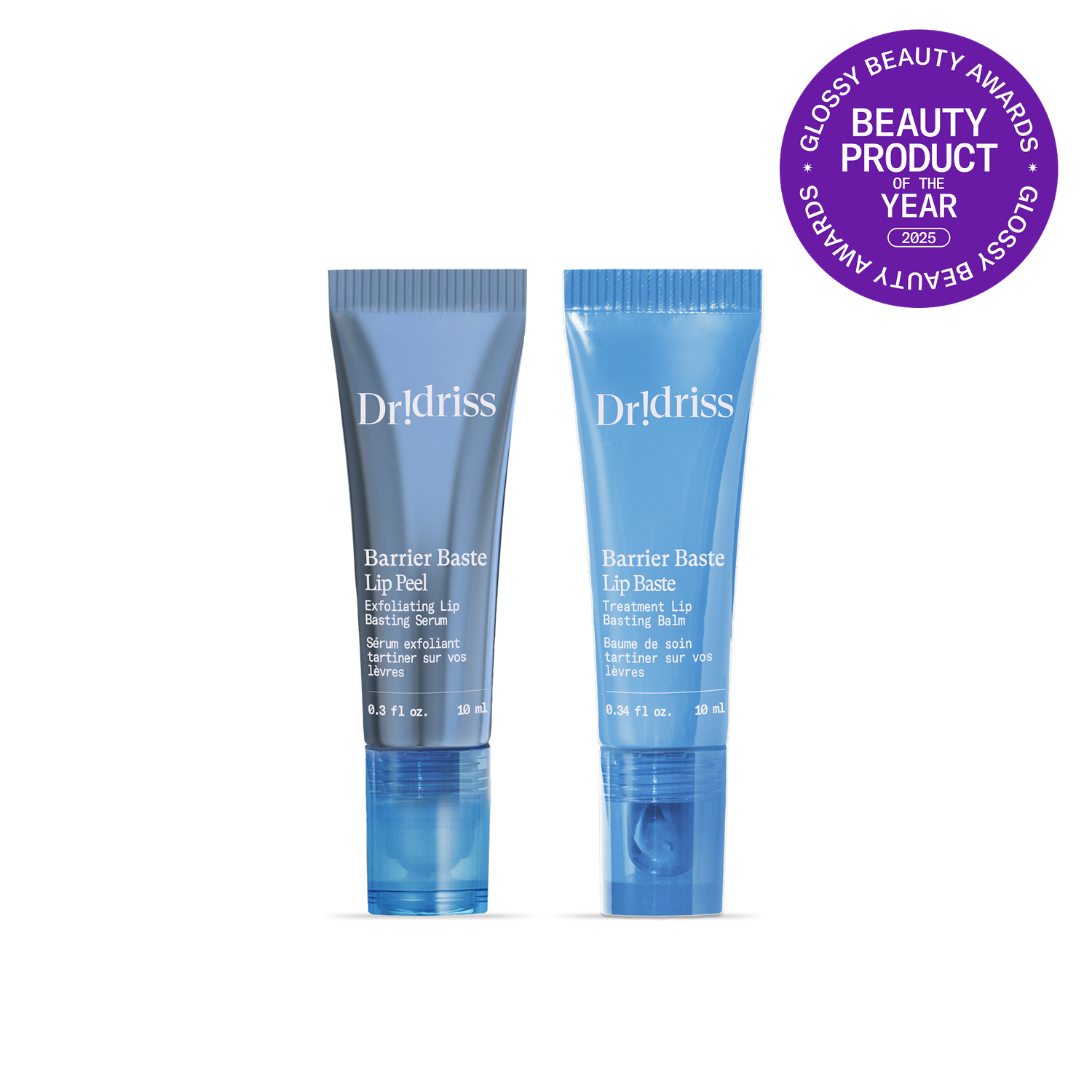 Main shot of the lip duo featuring the lip peel and lip baste - winner of Beauty Product of the Year at the 2025 Glossy Beauty Awards