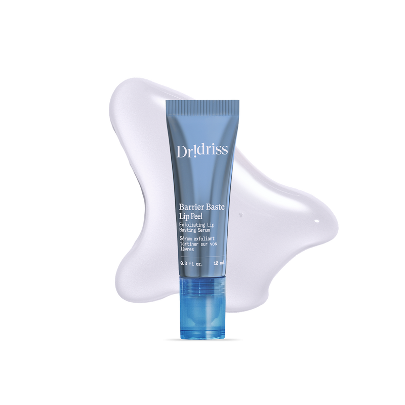 Barrier Baste Lip Peel exfoliating lip serum tube with clear serum texture smear.