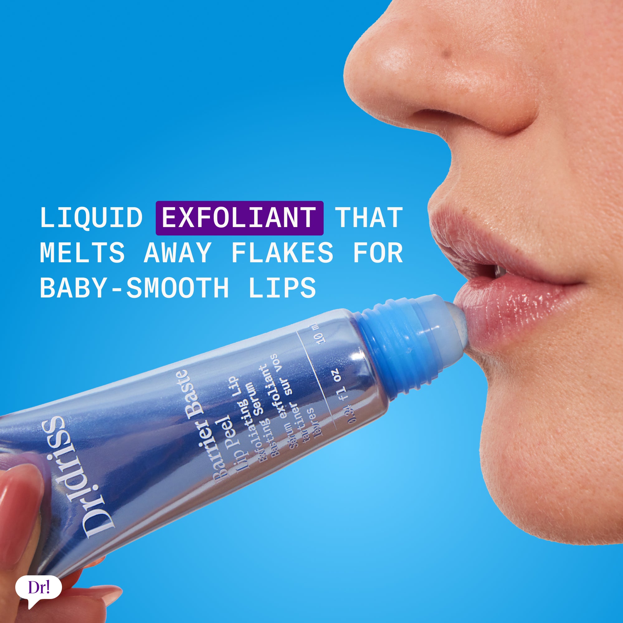 Close-up of Barrier Baste Lip Peel liquid exfoliant applied to dry lips for smoother lip texture.