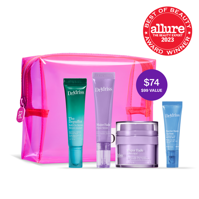 Mini Bestsellers Set main product shot featuring the holiday pouch and products