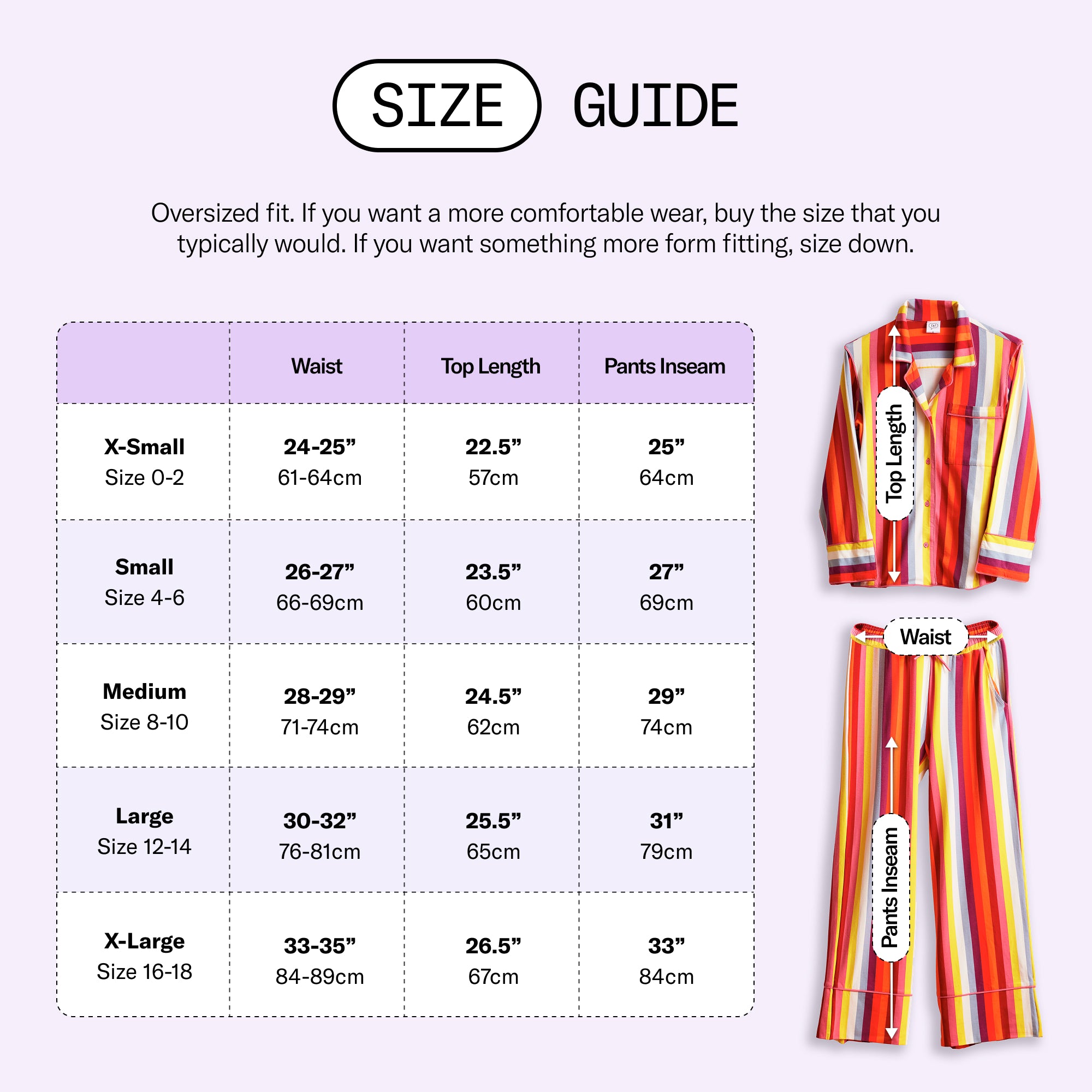 Size chart and measurements for PJs
