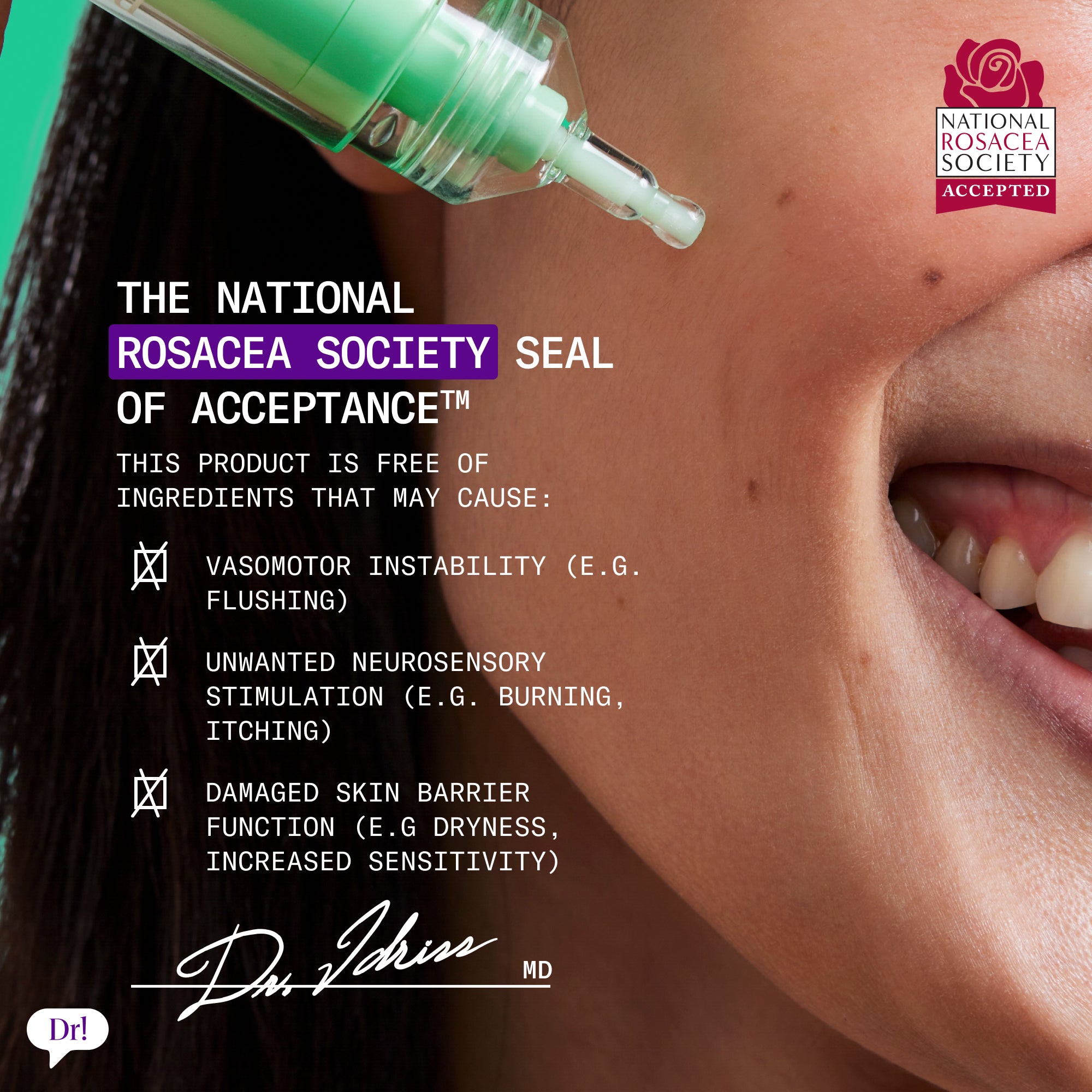 Left Un-Red Reducer Serum with National Rosacea Society Seal of Acceptance for sensitive skin