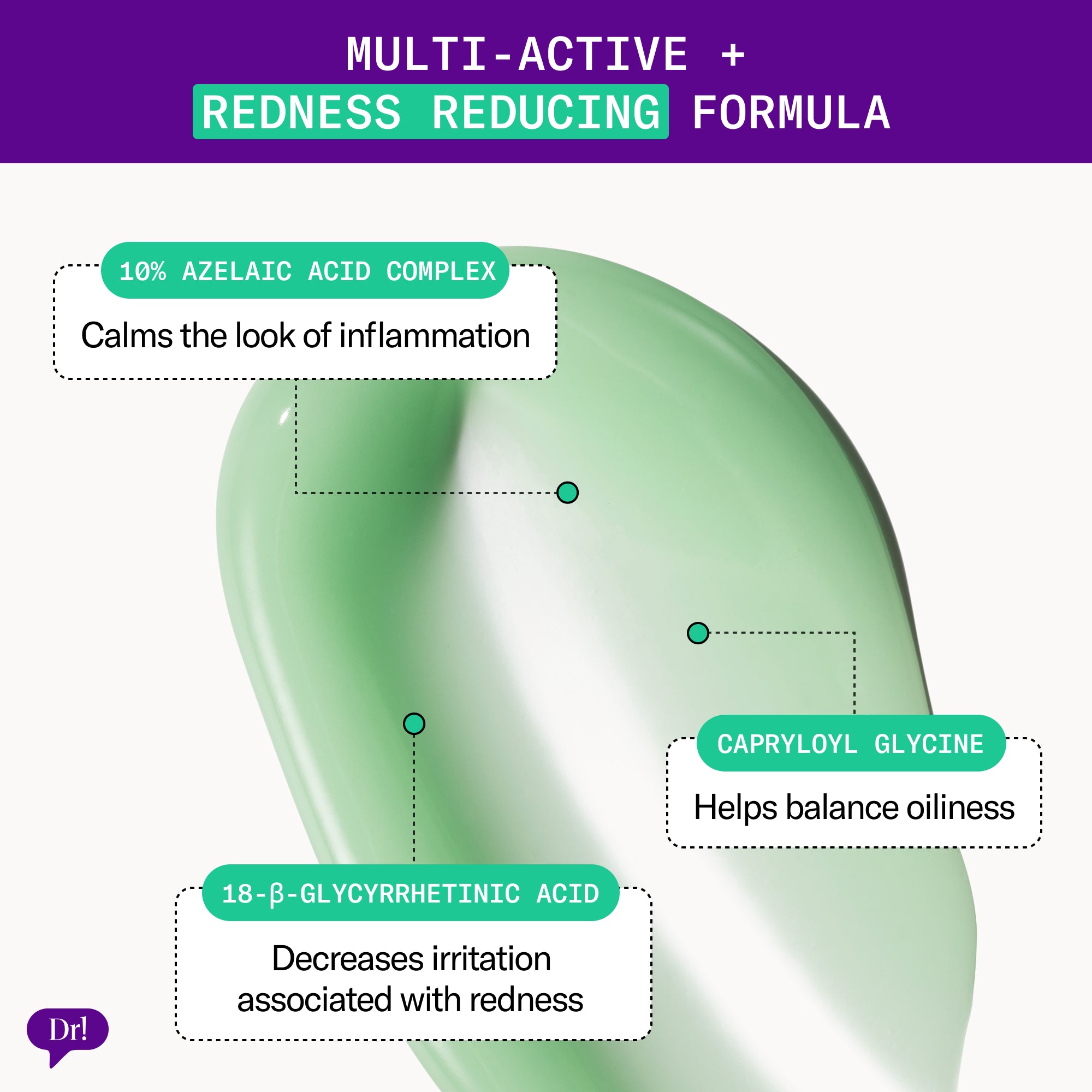 Left Un-Red Reducer Serum ingredient highlights featuring azelaic acid complex and redness-reducing actives