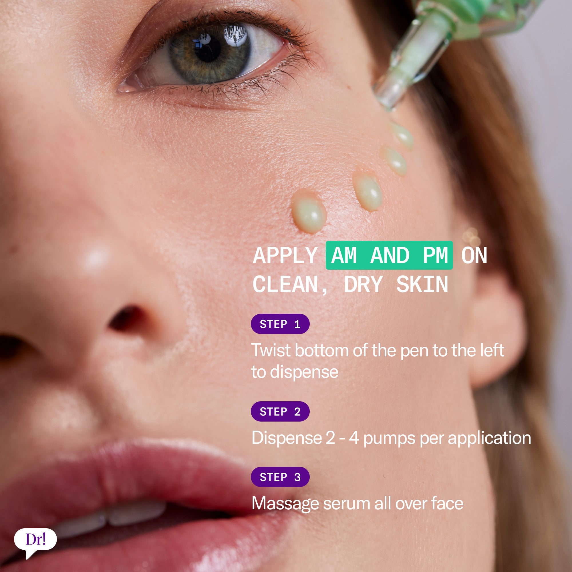 How to apply Left Un-Red Reducer Serum AM and PM on clean, dry skin