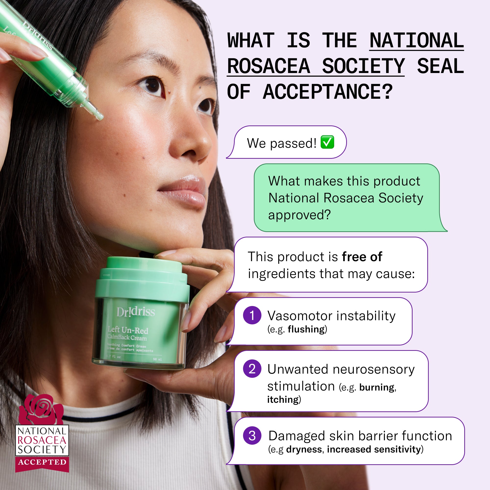 Left Un-Red Reducer Serum and CalmBack Cream shown with National Rosacea Society Seal of Acceptance
