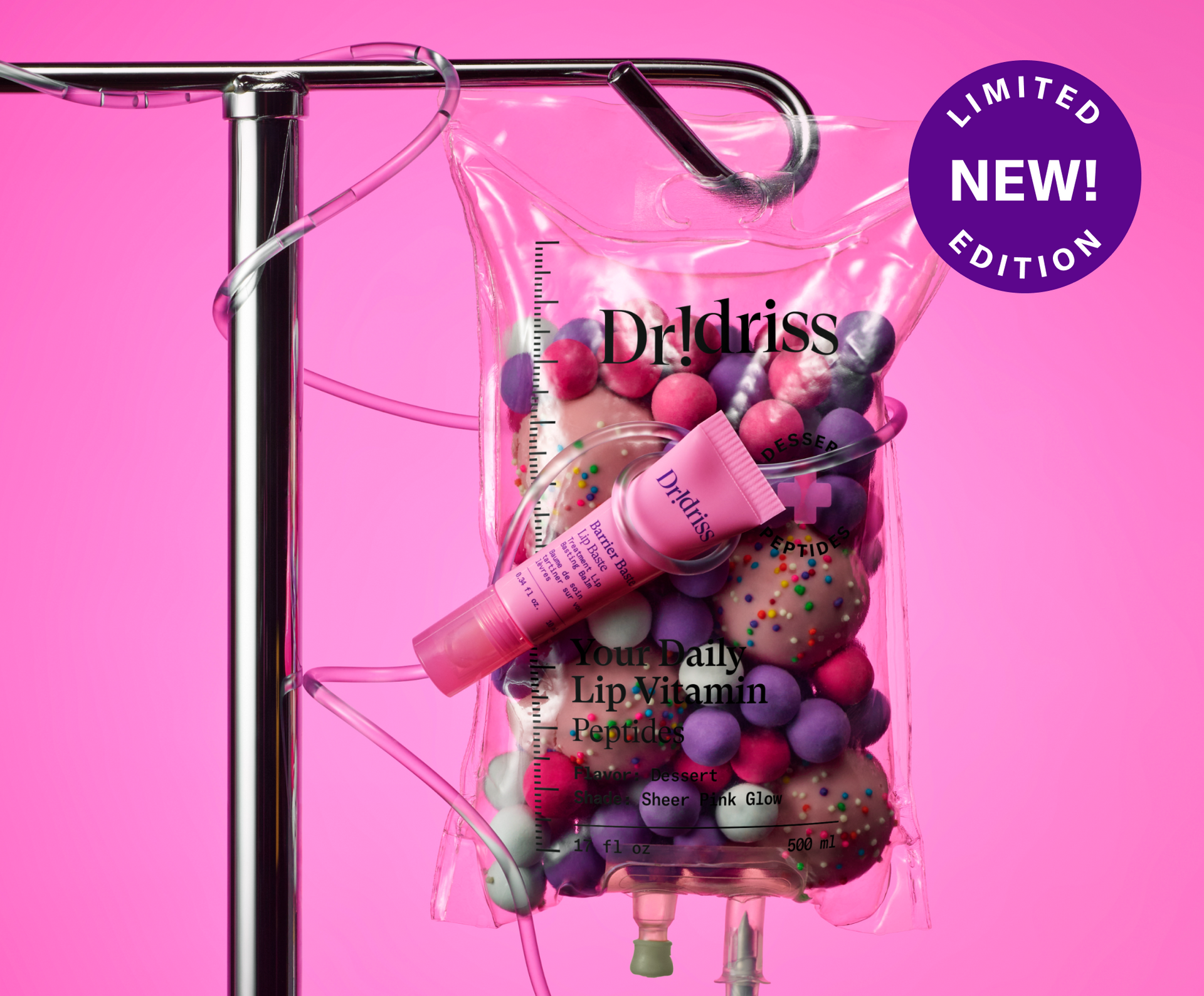 Limited-edition Barrier Baste Lip Baste Dessert displayed in IV bag inspired packaging