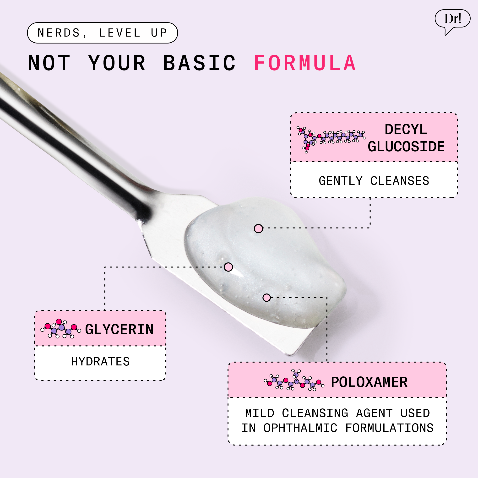 Dr. Idriss Soft Wash product shown on spatula highlighting ingredients glycerin, poloxamer, and decyl glucoside